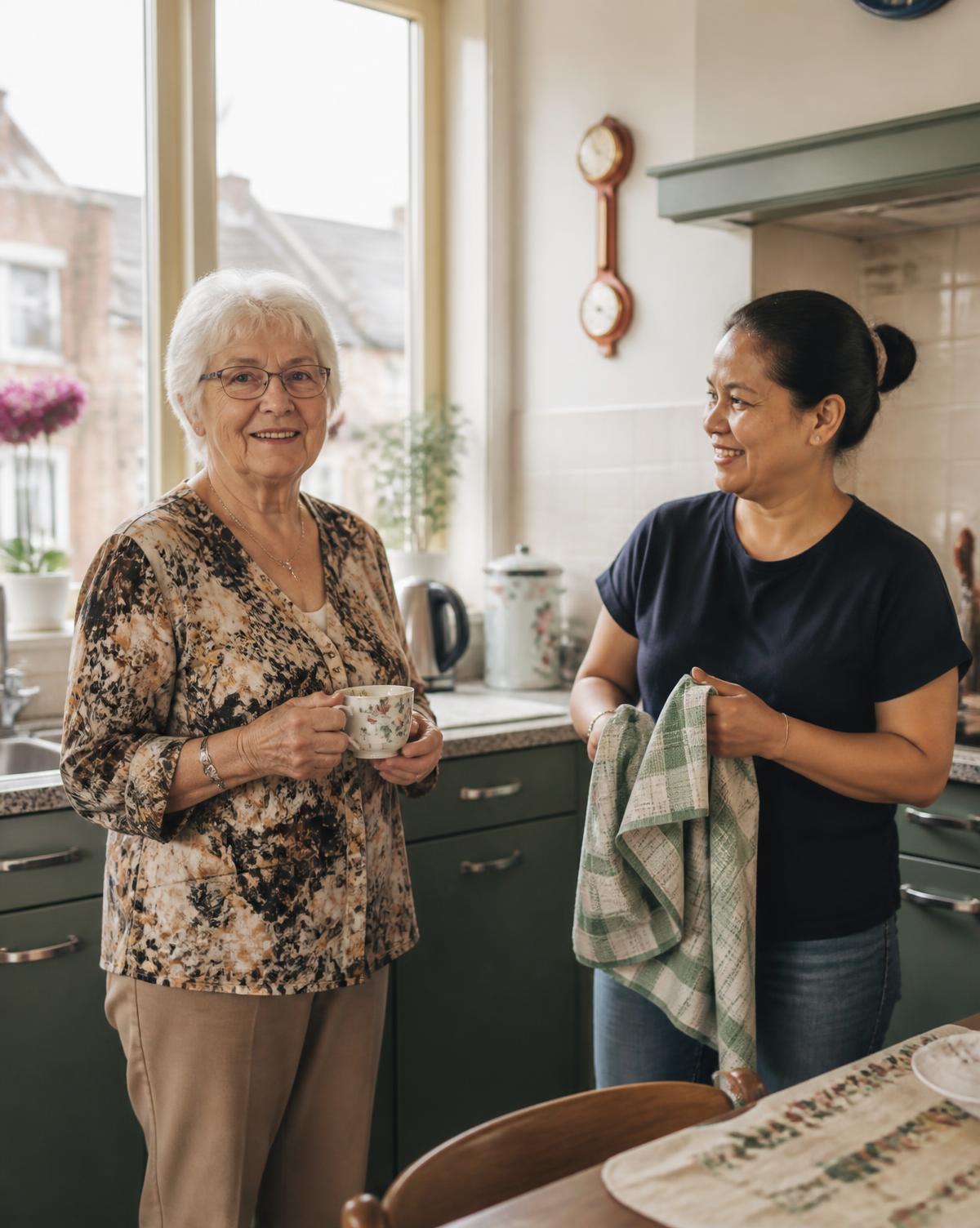 Een huishoudelijke hulp en een oudere vrouw in gesprek in haar keuken