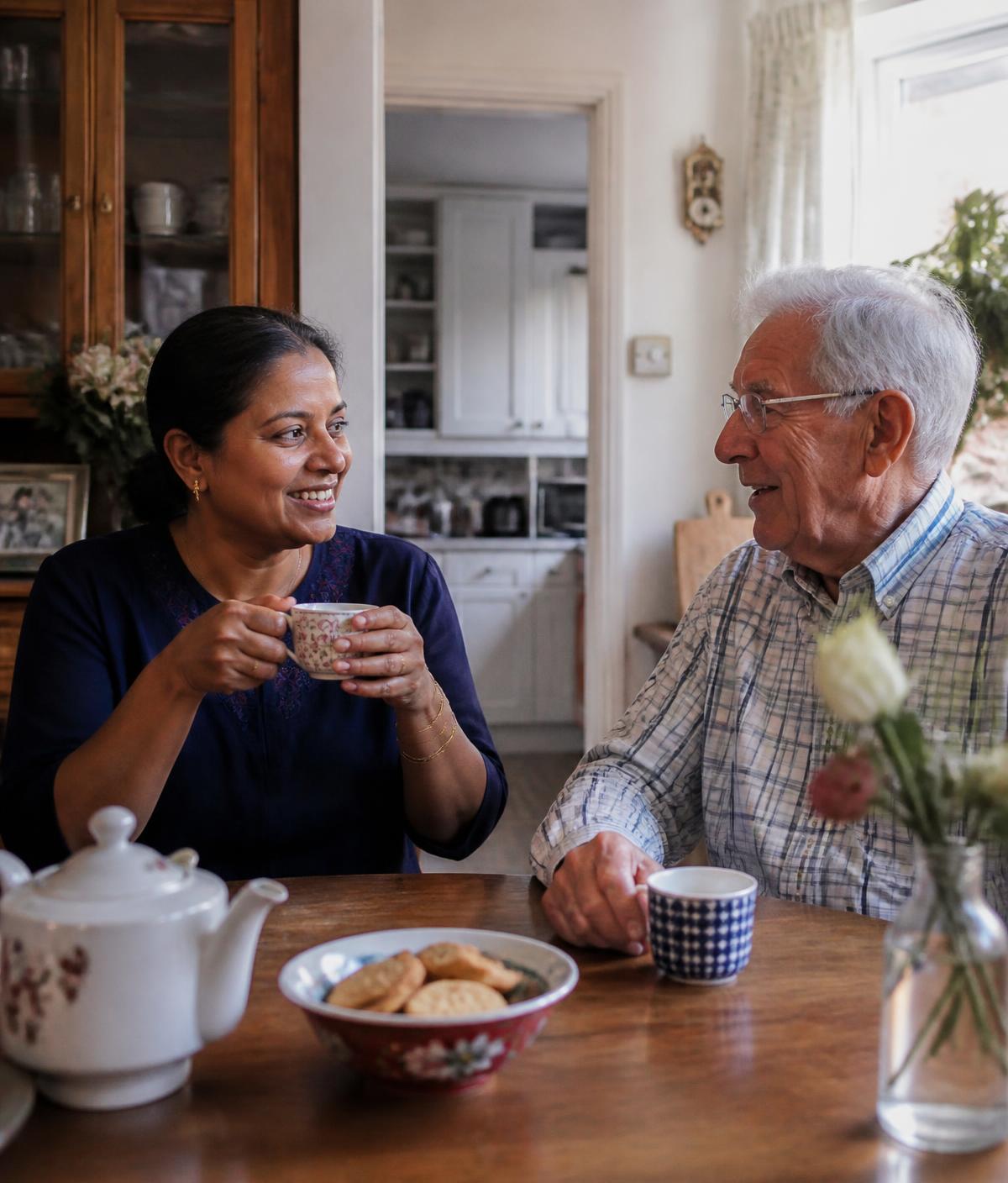 Een huishoudelijke hulp drinkt thee met een oudere man aan de keukentafel