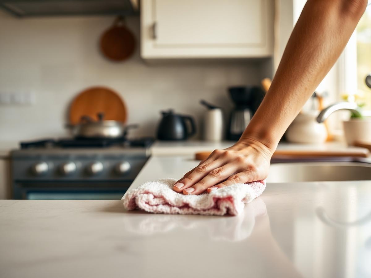 Een hand maakt een keukenblad schoon in een lichte keuken